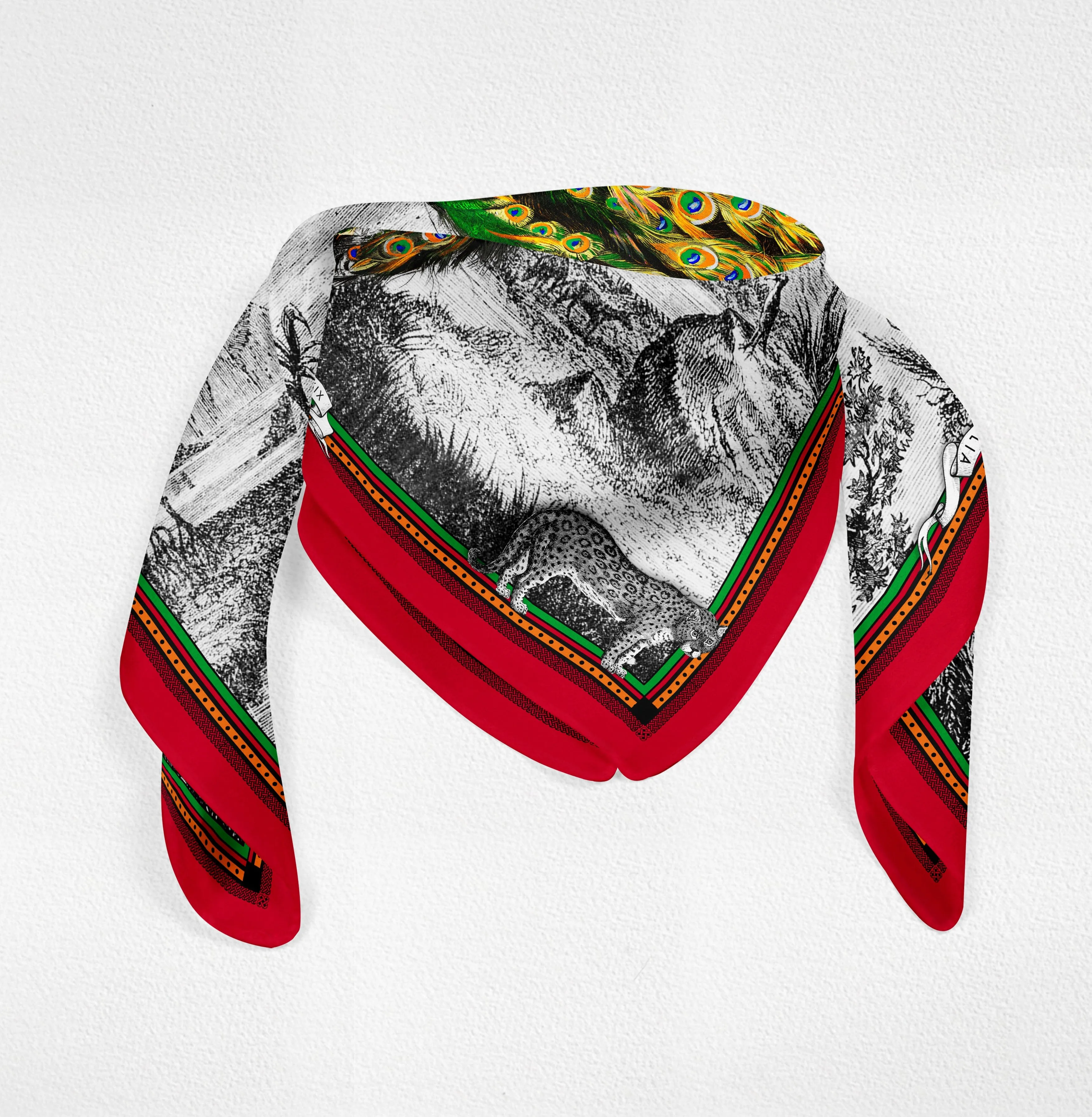 Peacock Feathers - Red Silk Scarf