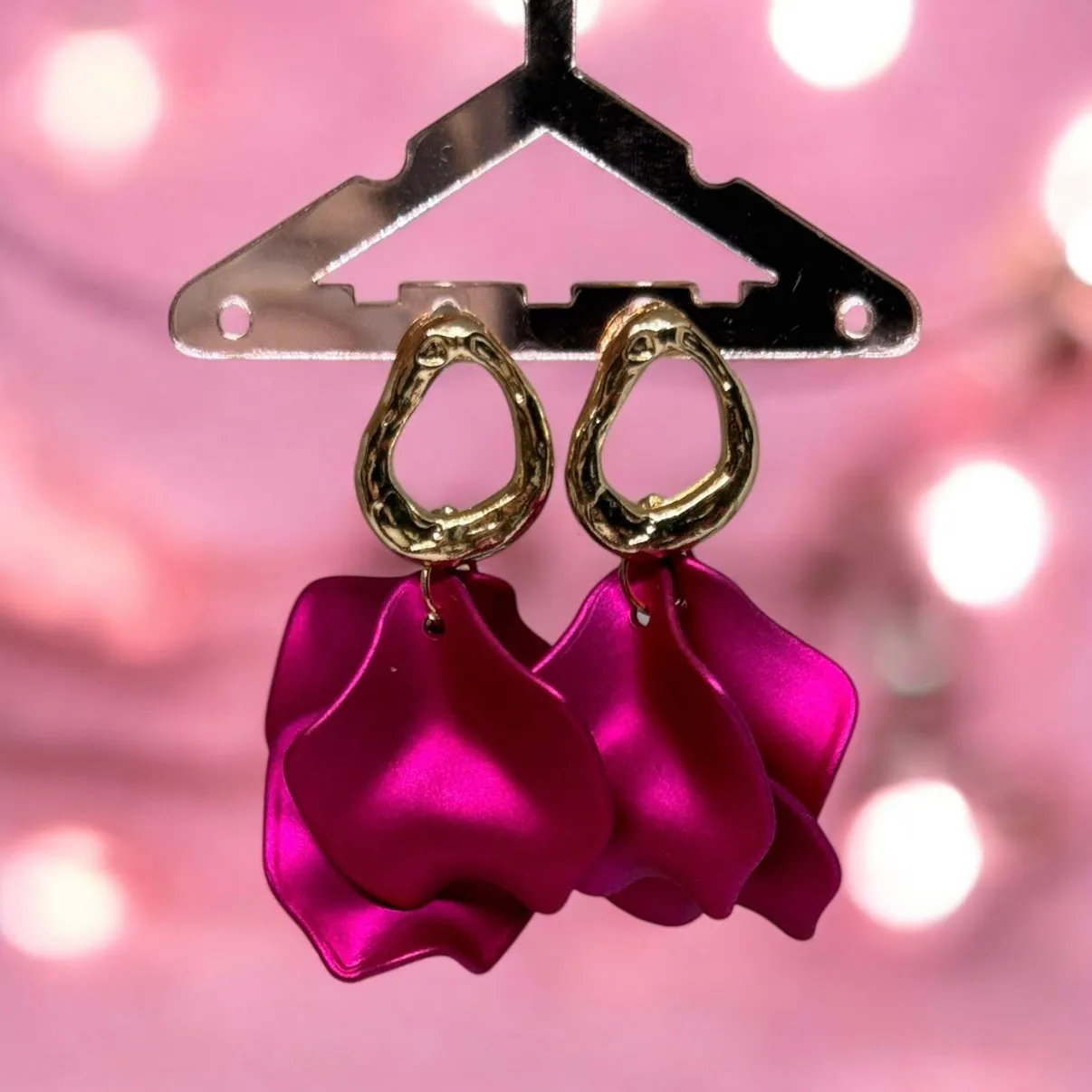 Pink - Fuchsia pink flower earrings | dangly gold earrings | frosted petals hoop oversize statement | golden geometric floral bridal party earrings