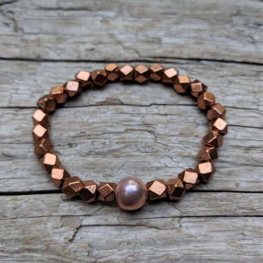 Pink Pearl & Copper Elastic Geometric Bracelet