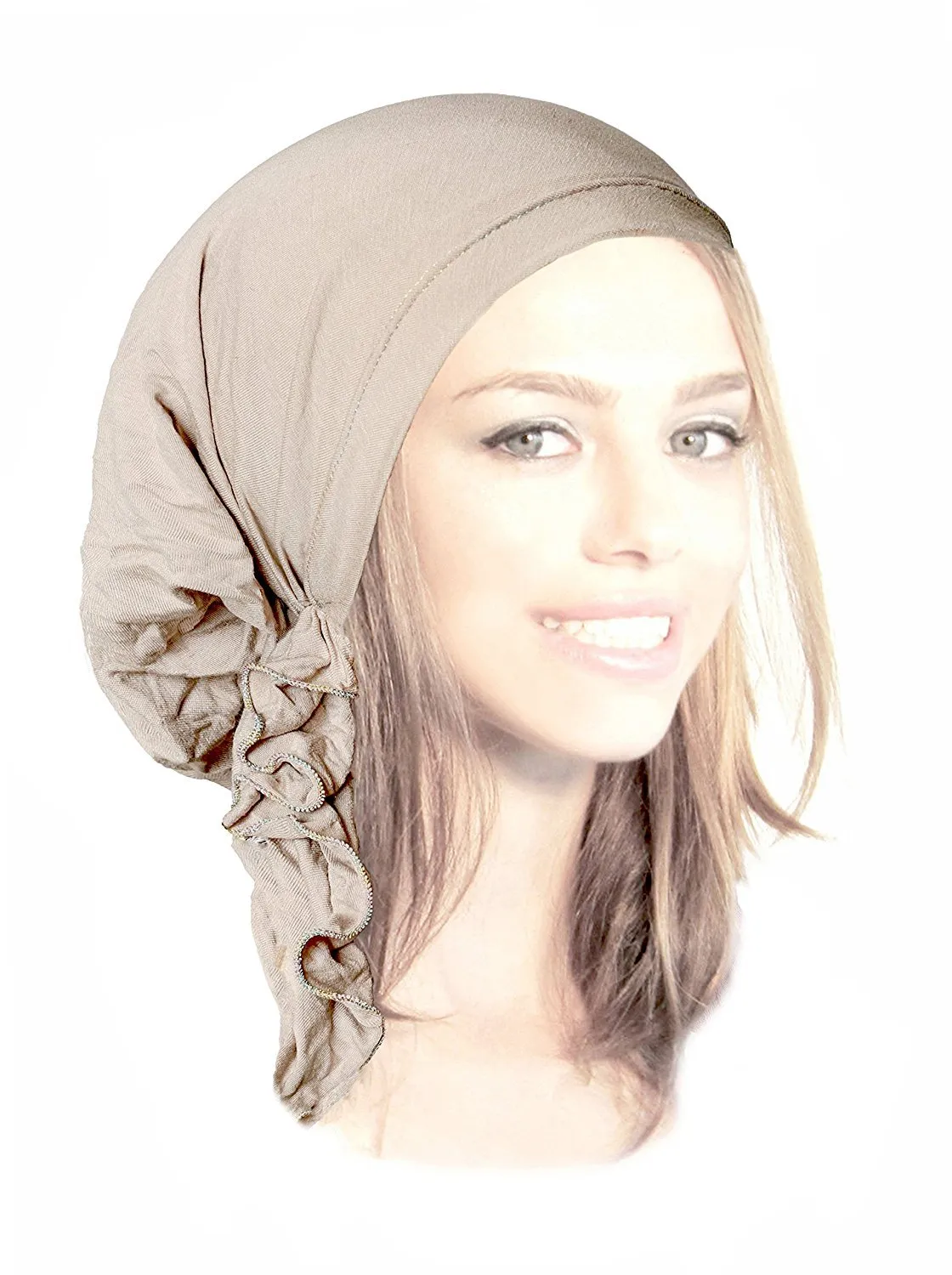 Pre-tied Head-scarf Tichel Cotton Boho Chic ShariRose Decorative Over-Lock Collection (Taupe khaki turquoise yellow pink short)