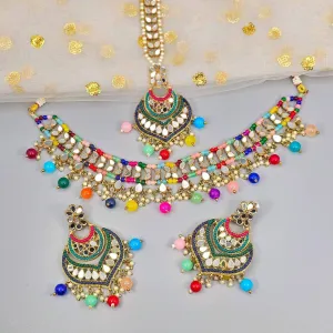 Priya Multicolor Mirror Choker Necklace Set - Gold