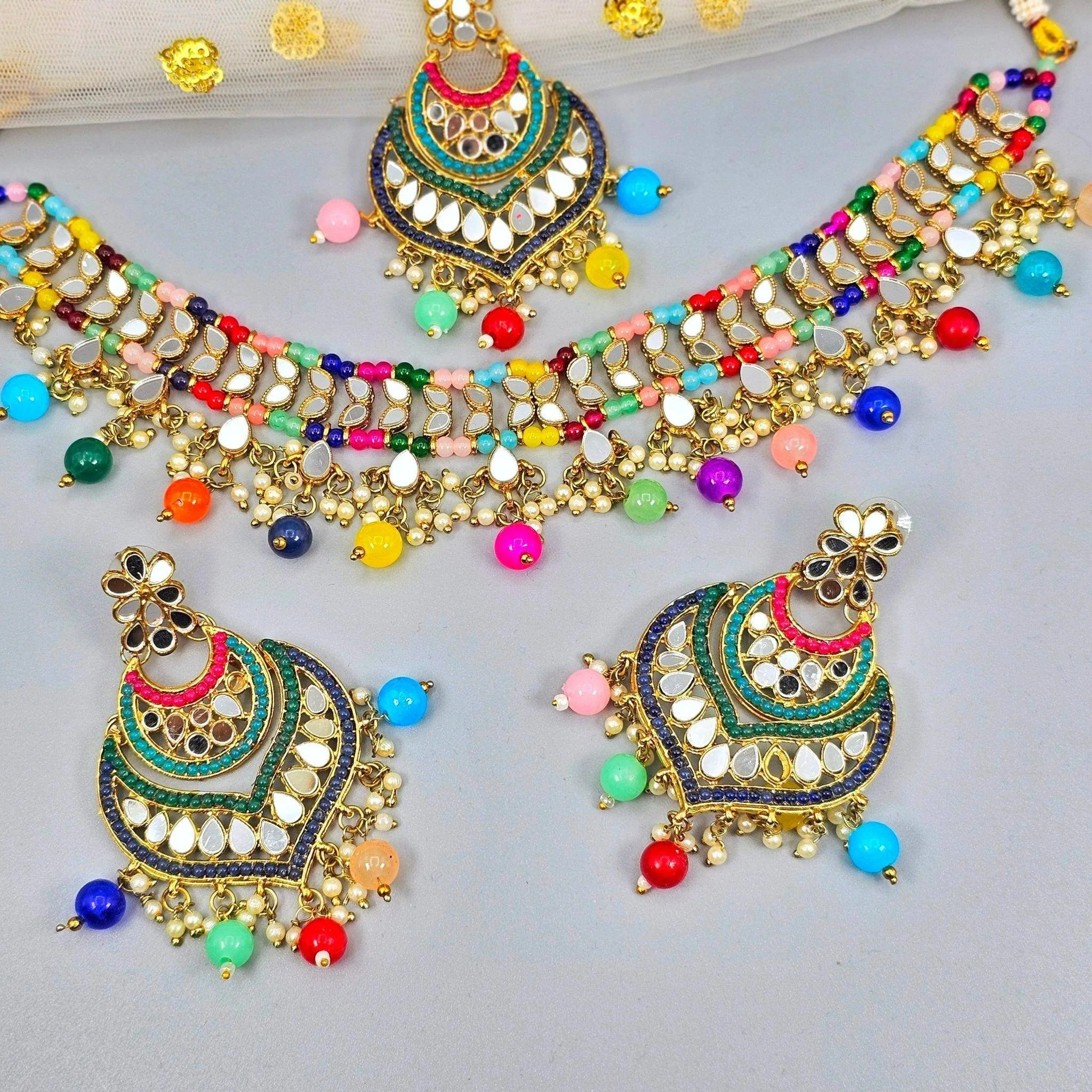 Priya Multicolor Mirror Choker Necklace Set - Gold