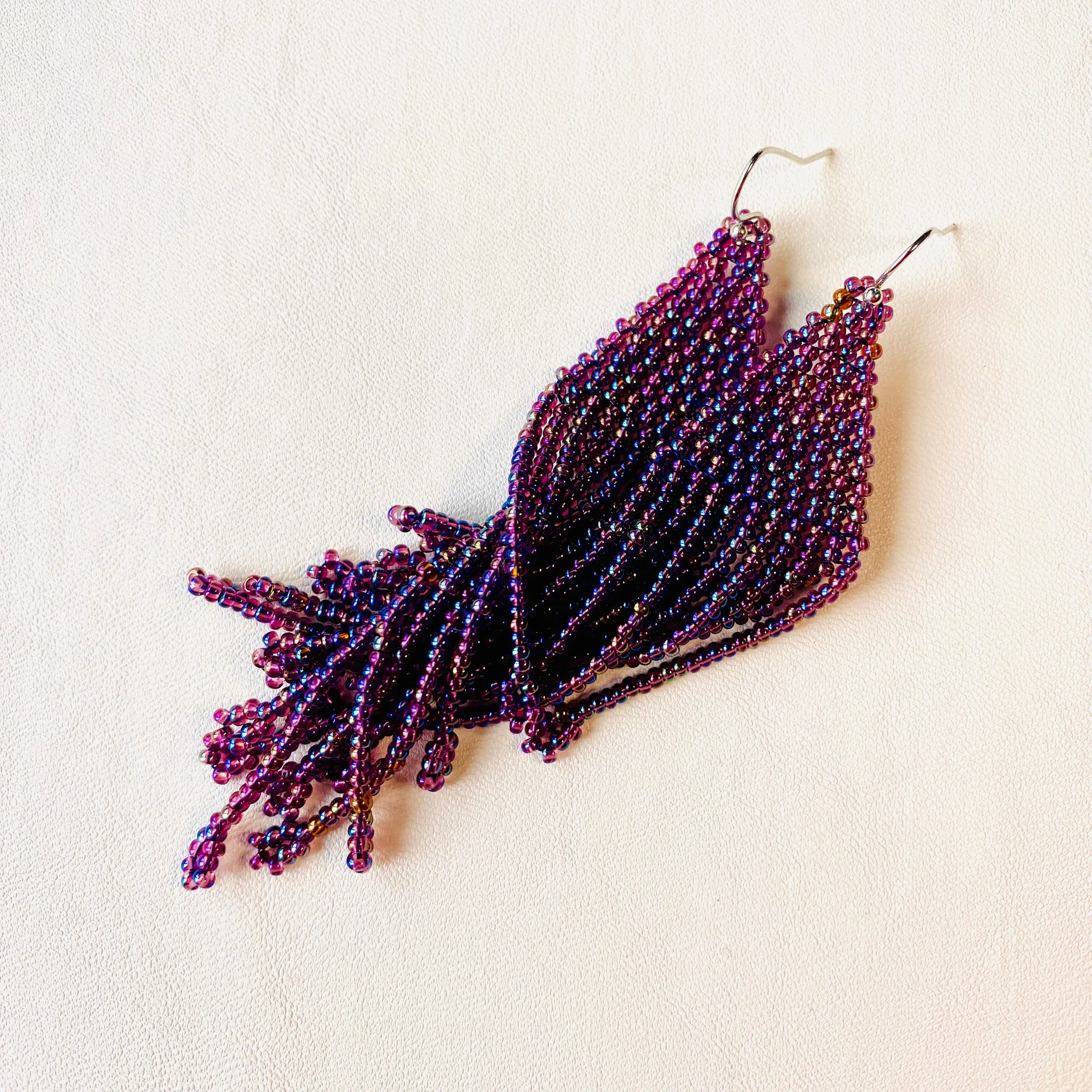 Purple Seed Bead Chandelier Earrings, Rainbow Tint Fringe Earrings, Long Dangle Bohemian Earrings, Statement Earrings, Boho Hippie Earrings