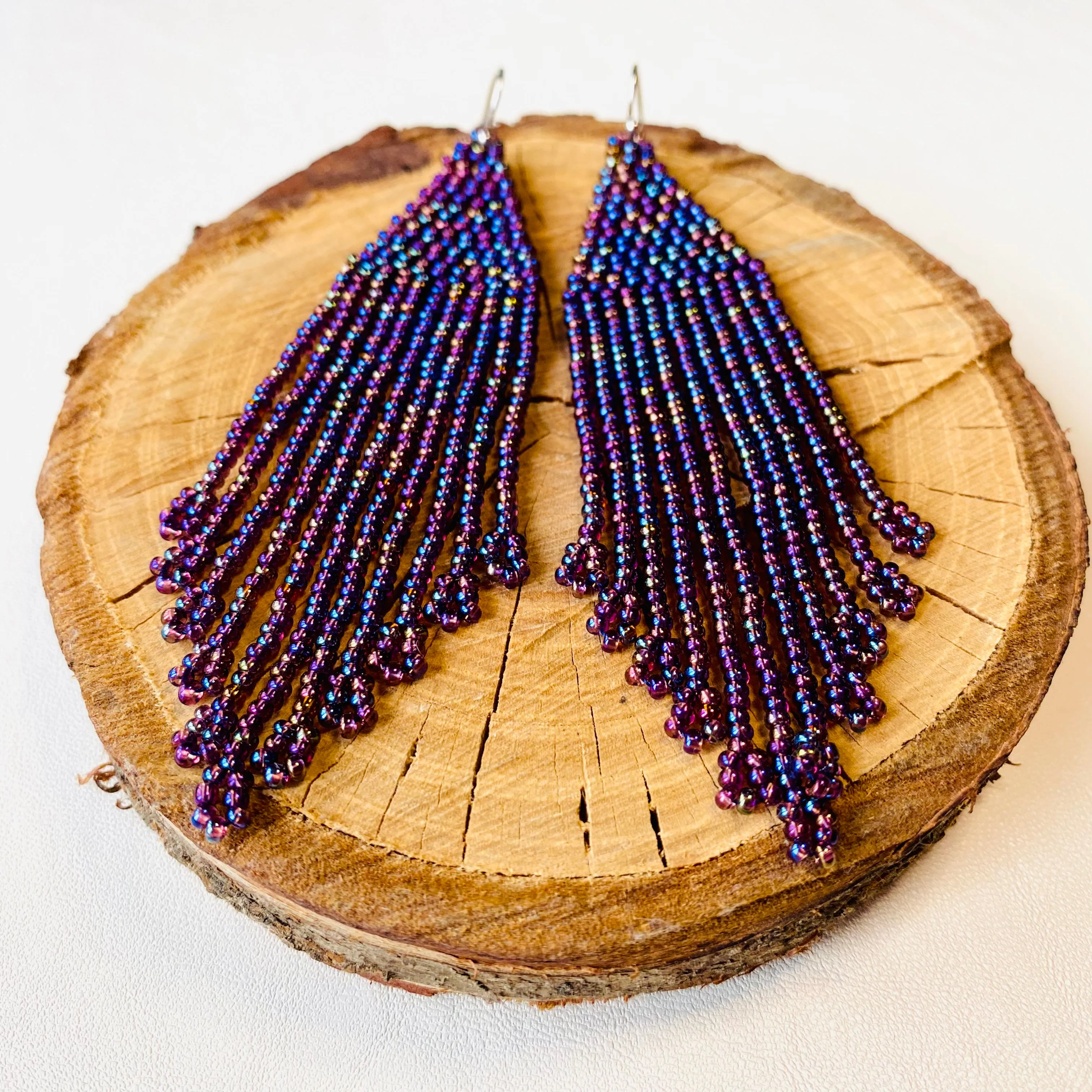 Purple Seed Bead Chandelier Earrings, Rainbow Tint Fringe Earrings, Long Dangle Bohemian Earrings, Statement Earrings, Boho Hippie Earrings