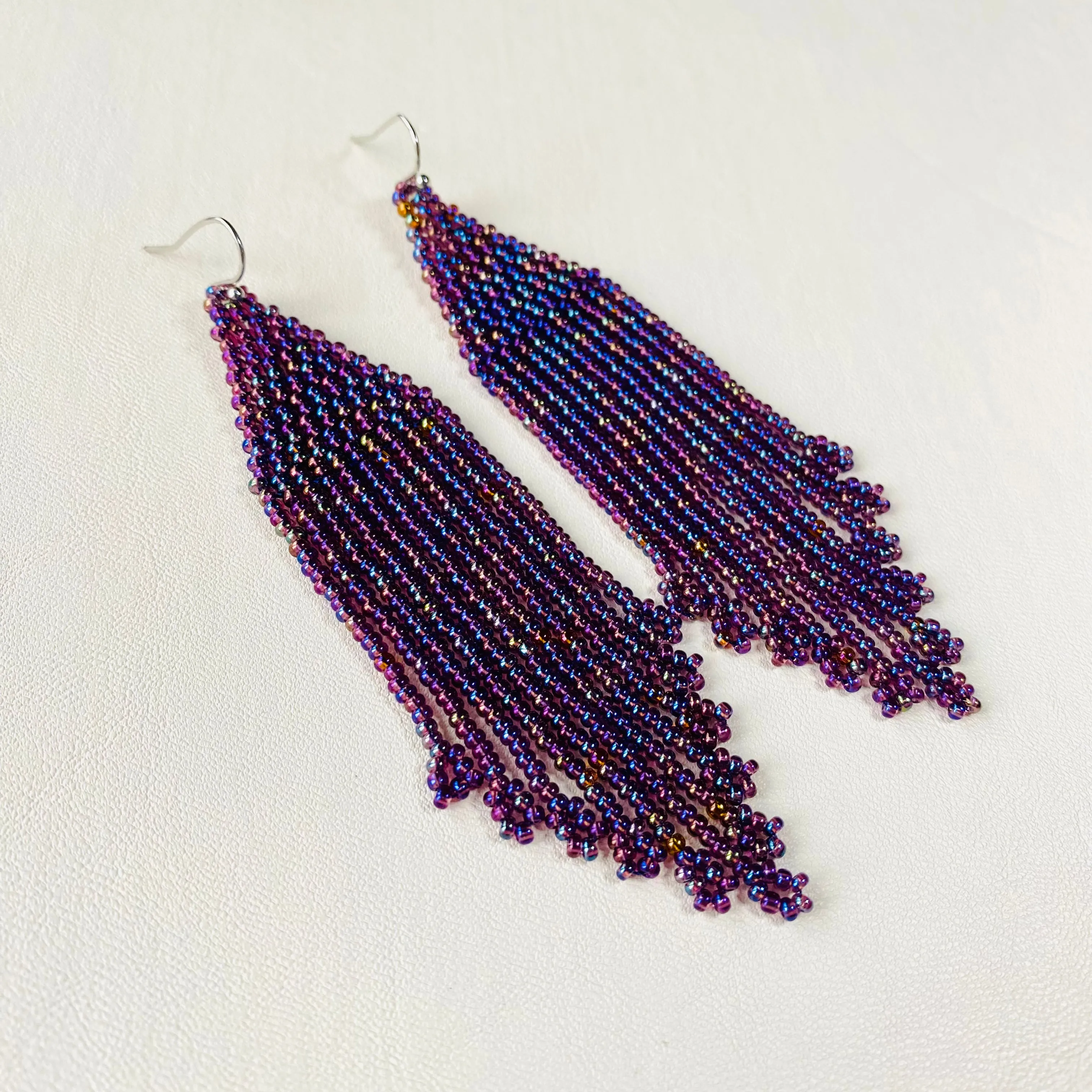 Purple Seed Bead Chandelier Earrings, Rainbow Tint Fringe Earrings, Long Dangle Bohemian Earrings, Statement Earrings, Boho Hippie Earrings