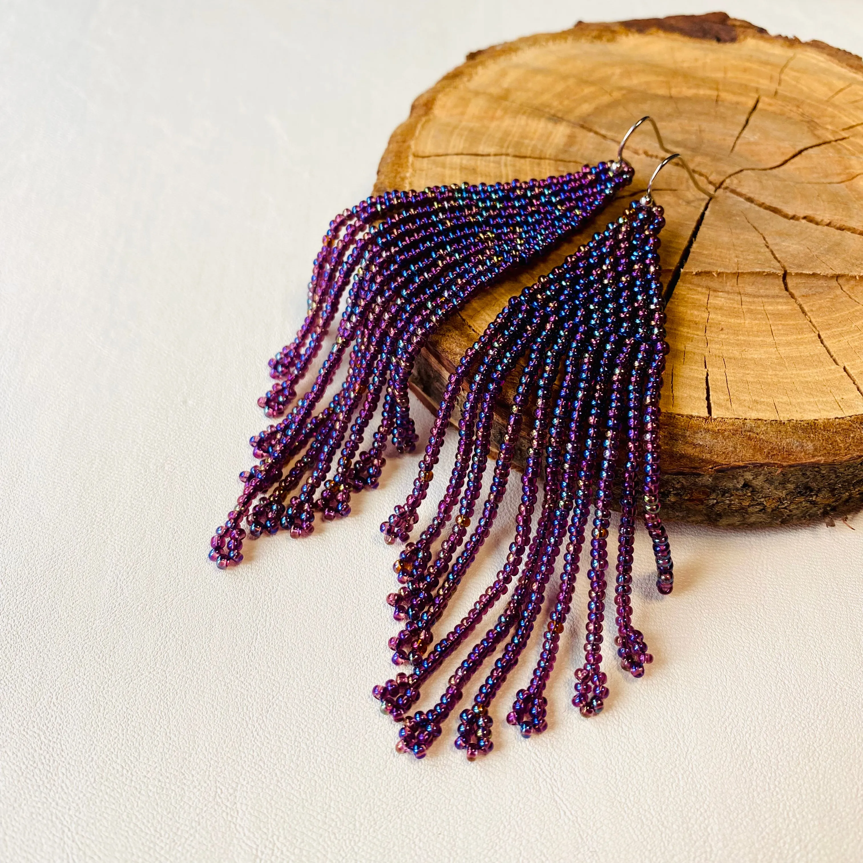 Purple Seed Bead Chandelier Earrings, Rainbow Tint Fringe Earrings, Long Dangle Bohemian Earrings, Statement Earrings, Boho Hippie Earrings