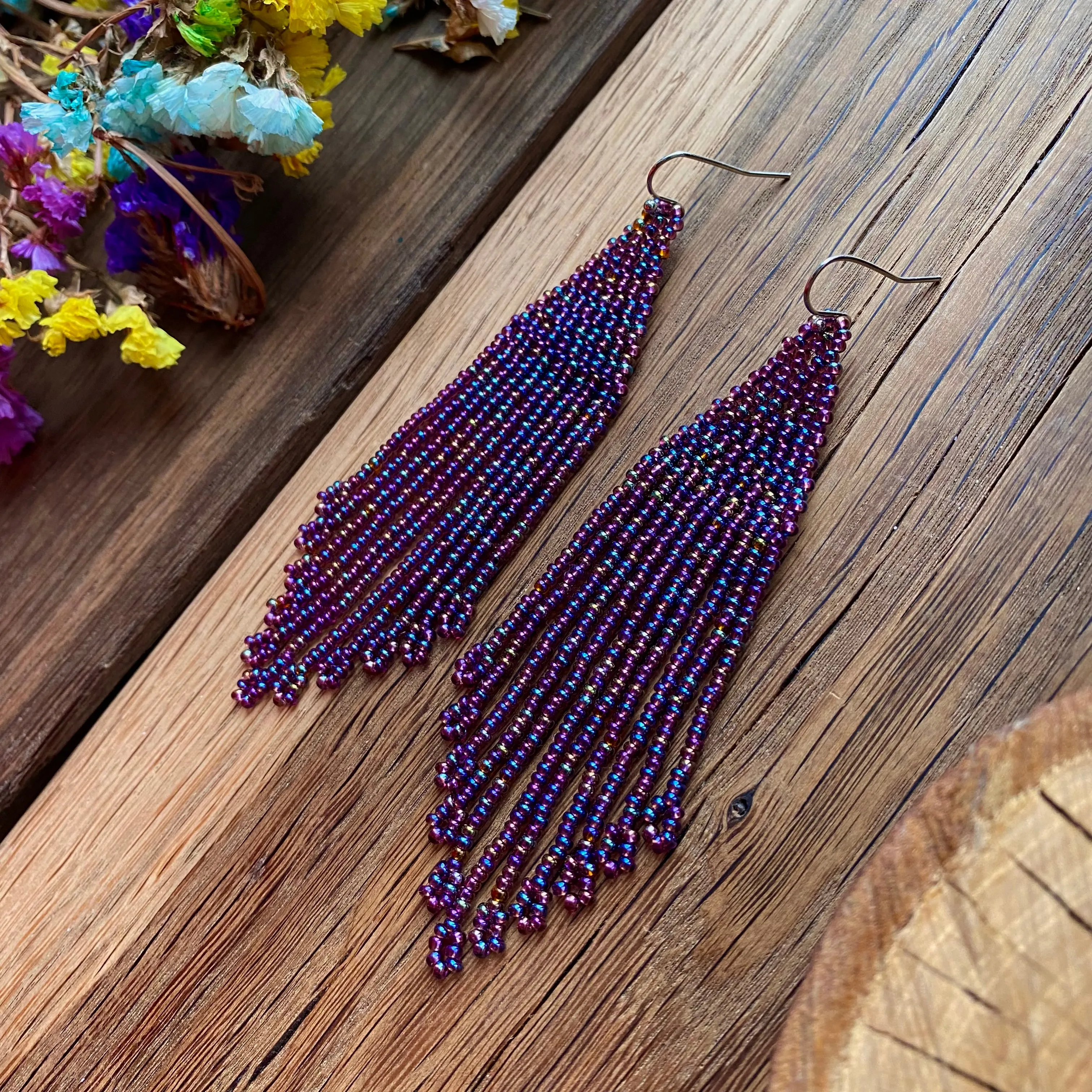 Purple Seed Bead Chandelier Earrings, Rainbow Tint Fringe Earrings, Long Dangle Bohemian Earrings, Statement Earrings, Boho Hippie Earrings