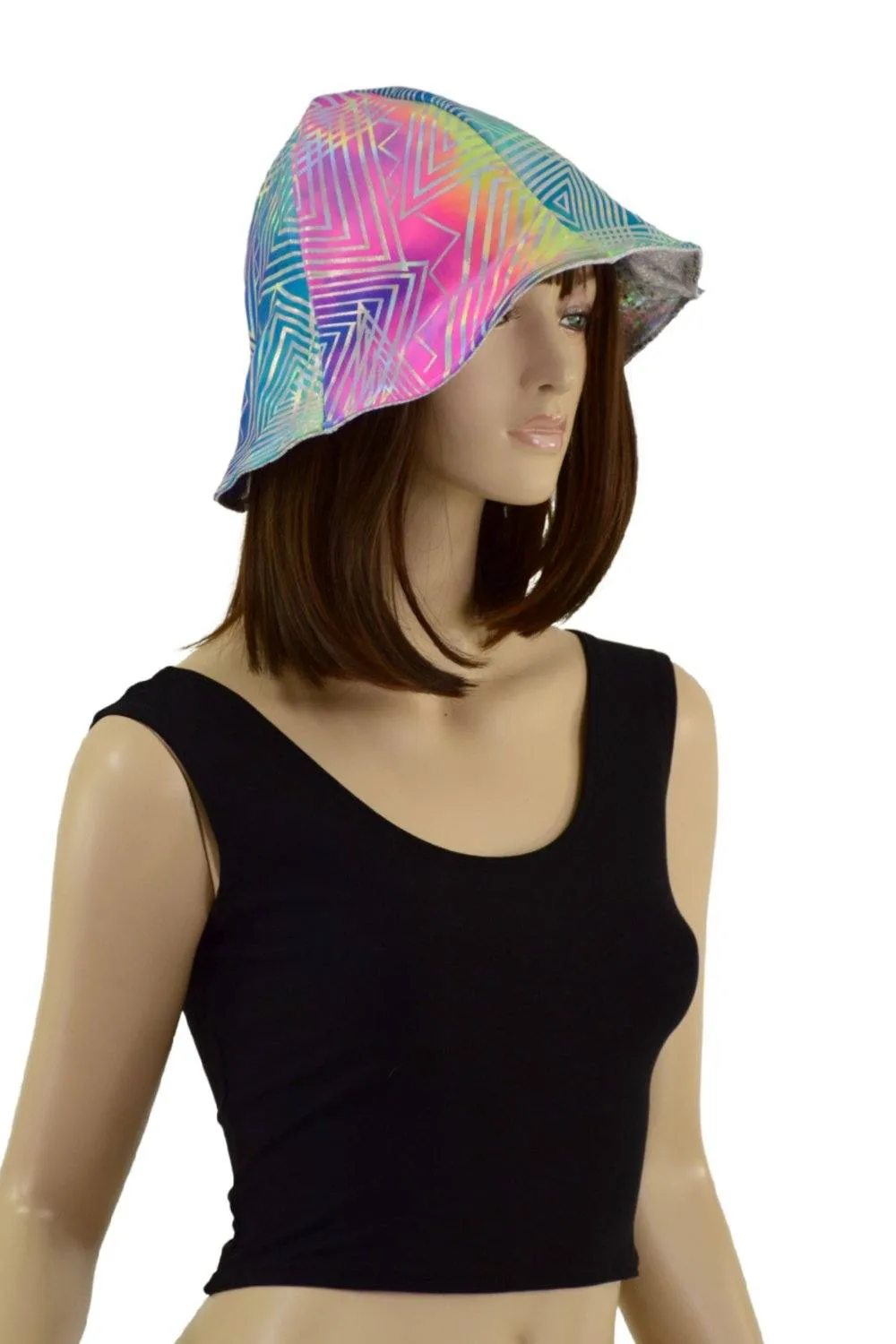 Reversible Bucket Hat in Spectrum & Silver On White Shattered Glass