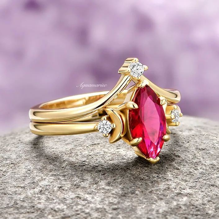 Ruby Moon Ring Set- 14K Yellow Gold Vermeil