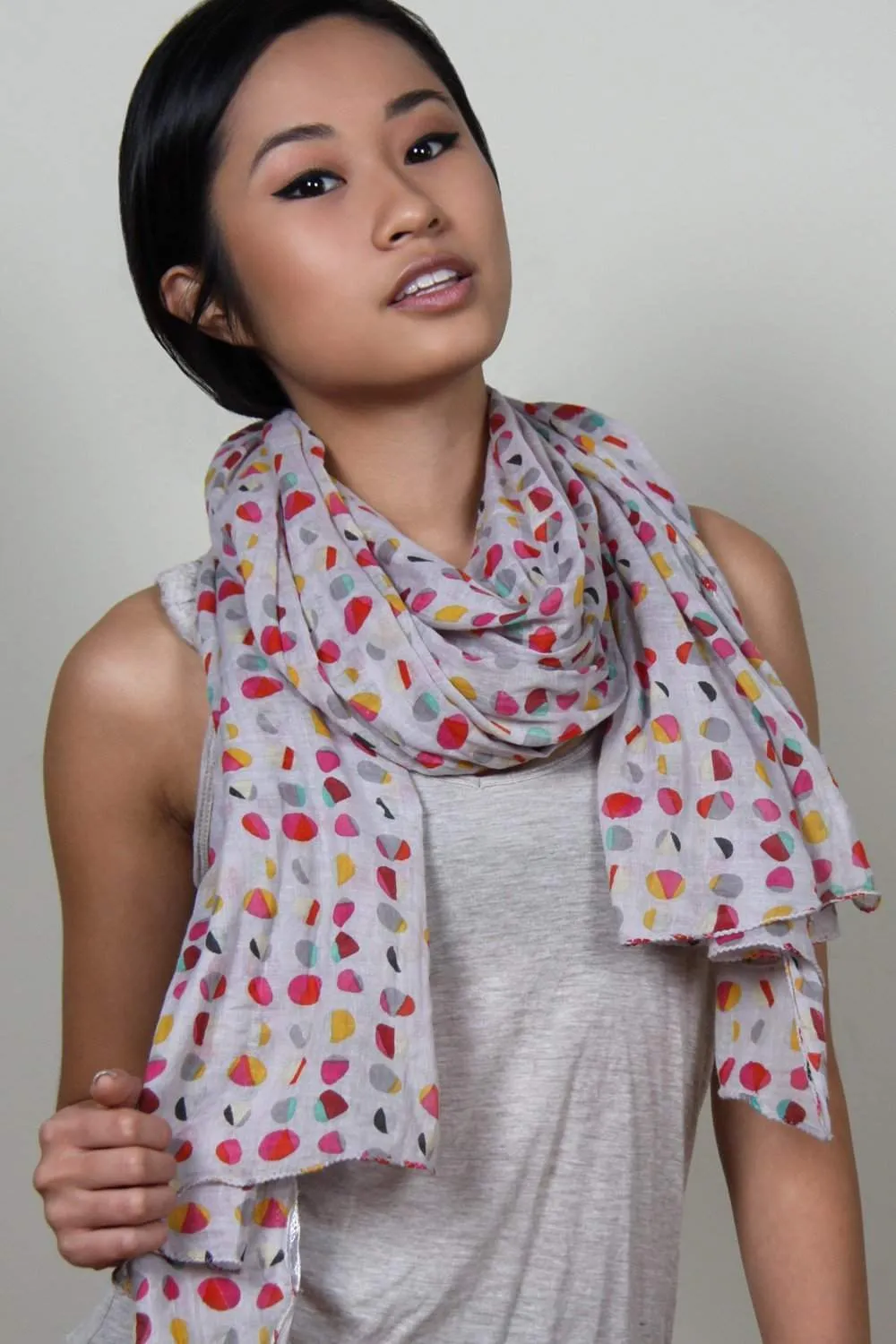 Scarf / Gray Red & Yellow / Polka Dot / Soft Cotton