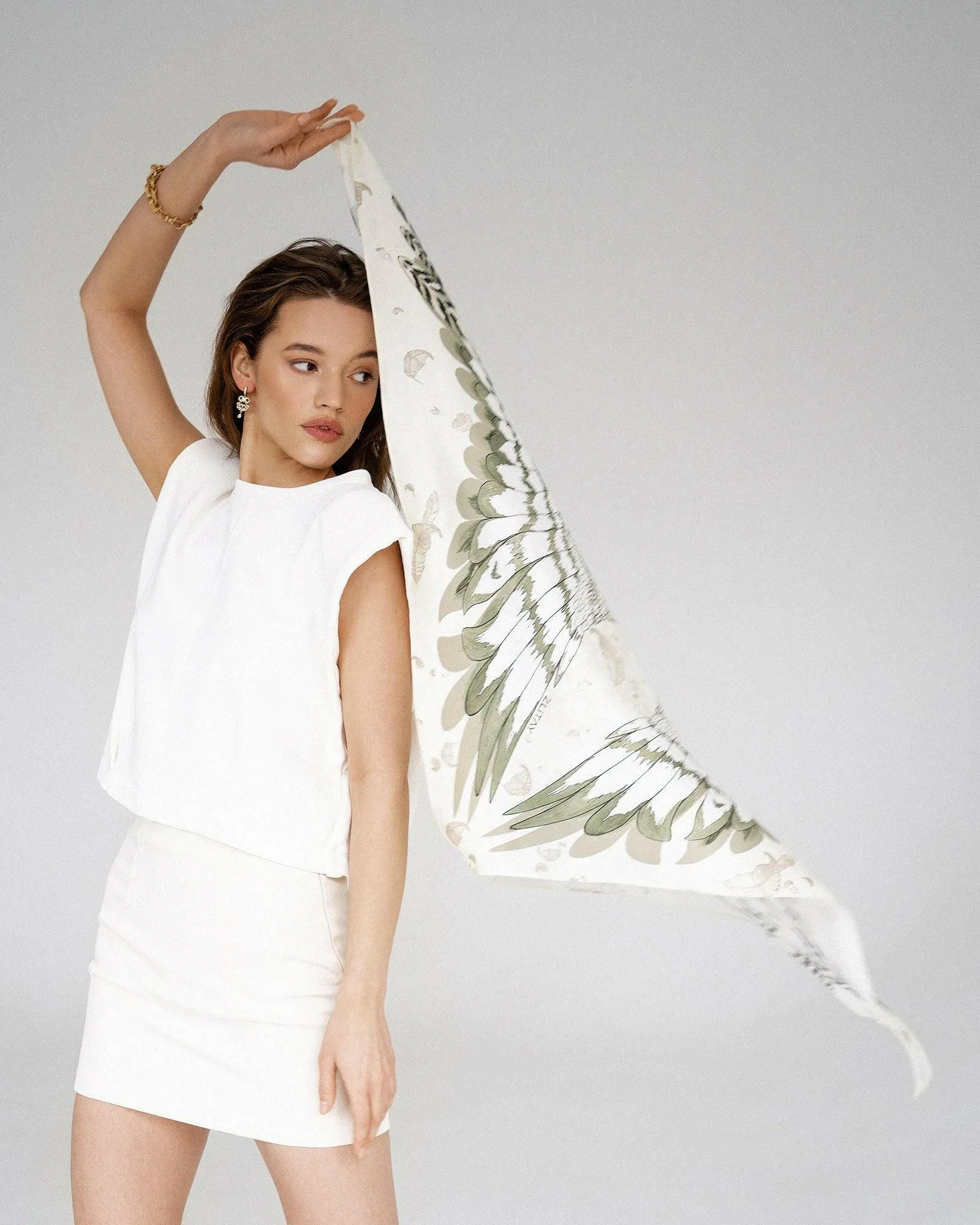 Silk Scarf with White Owl and Wings Design