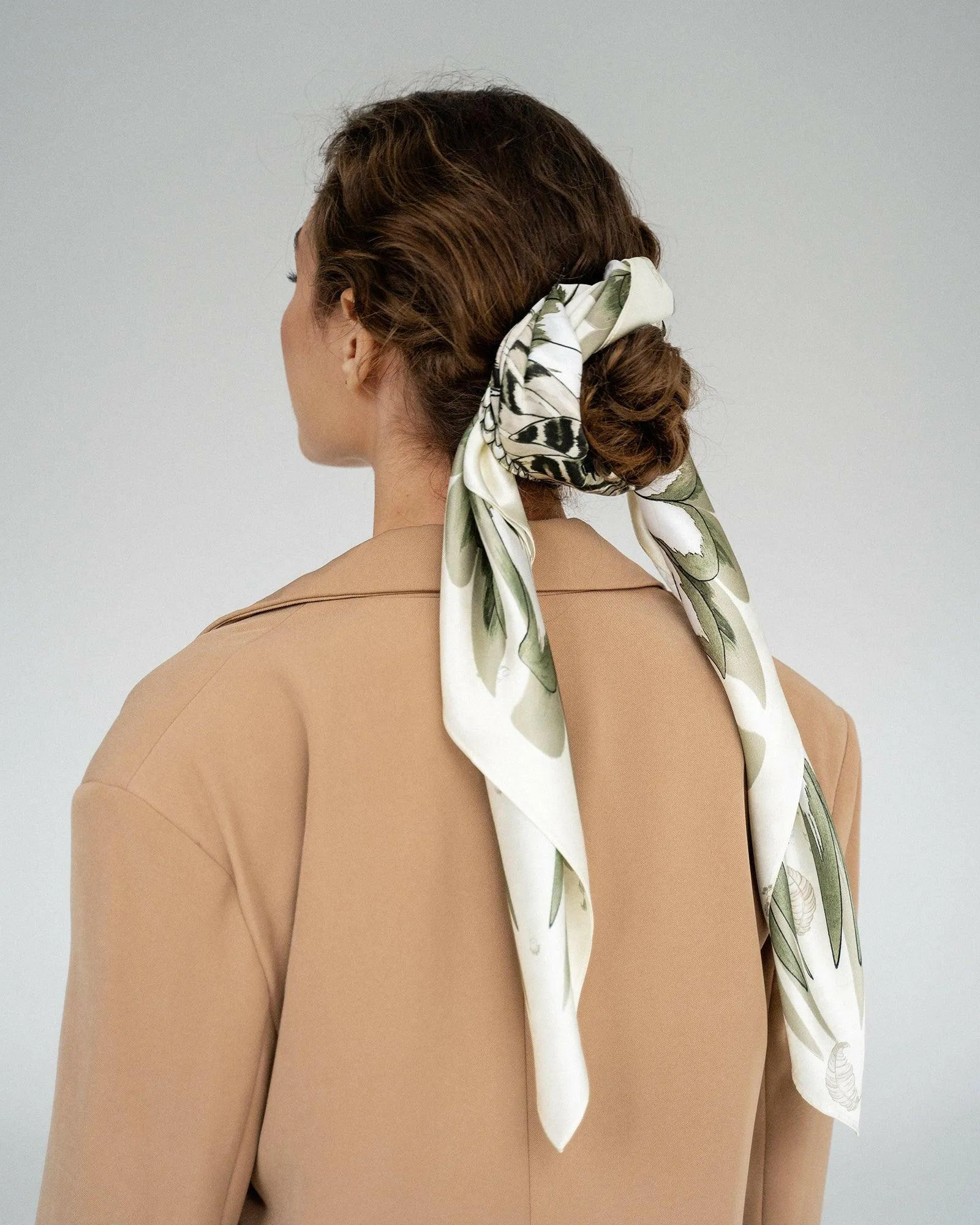 Silk Scarf with White Owl and Wings Design