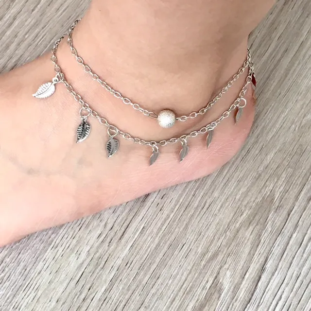 SILVER MULTI LAYER BOHO ANKLET / ANKLE BRACELET WITH LEAF AND BALL DESIGN