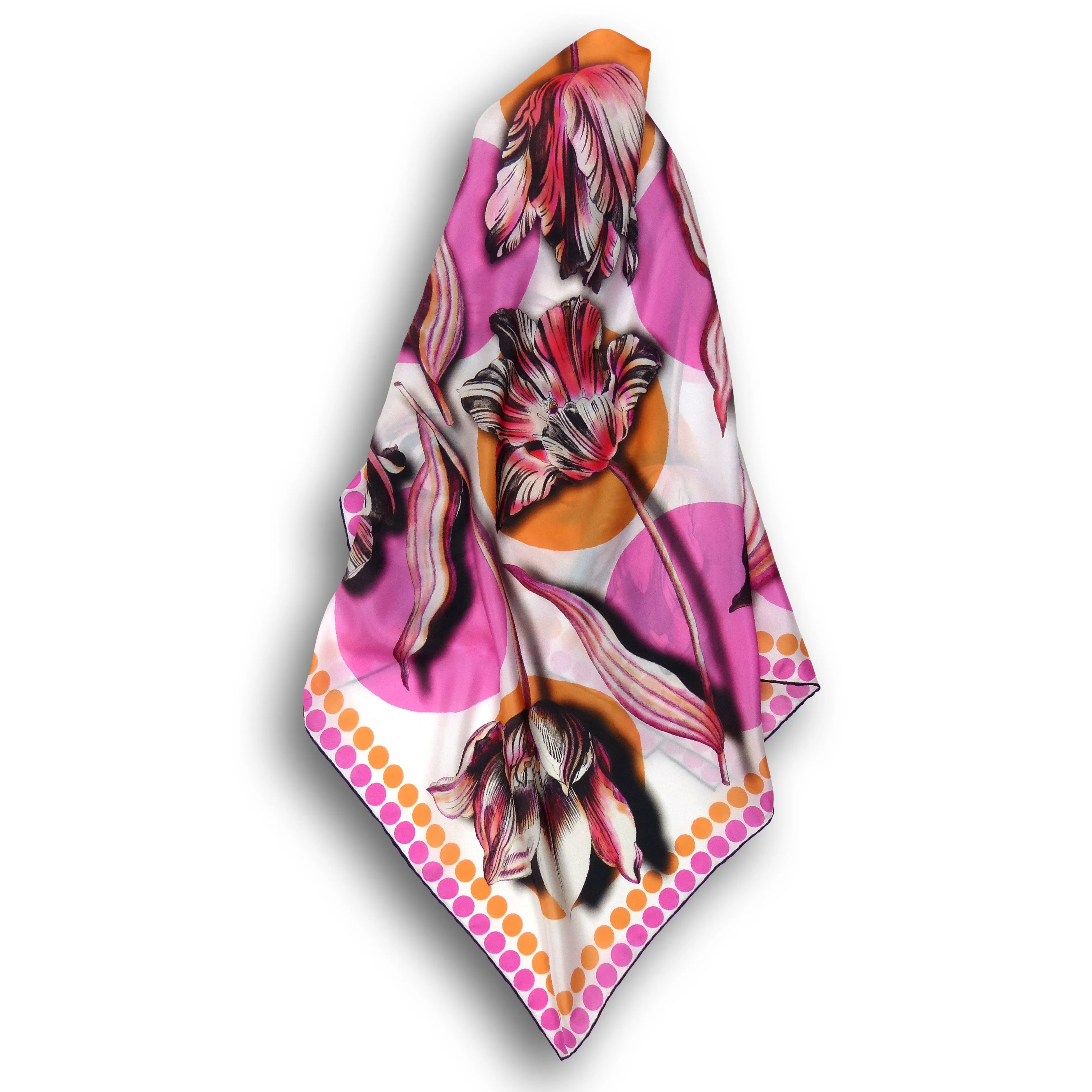 Square Silk Scarf (90cm) - Tulip Spot Orange/Pink