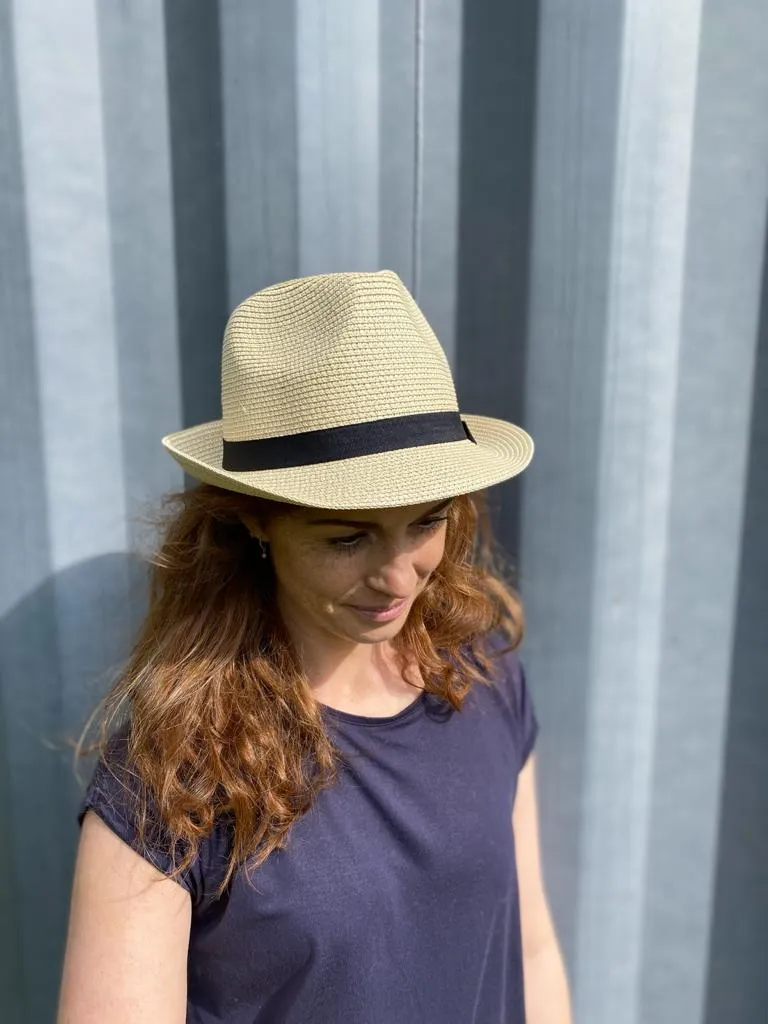 Trilby Style Sun Hat with a Dark Blue Band (57cm)