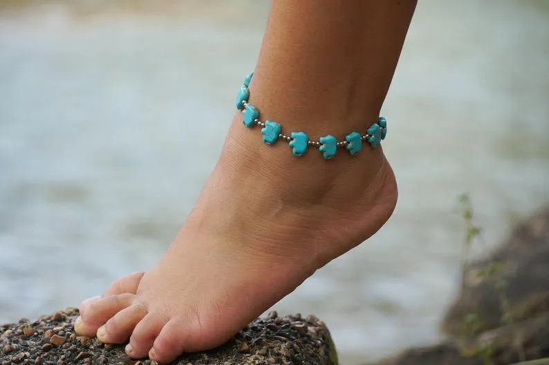 Turquoise Elephant Boho Silver Anklet