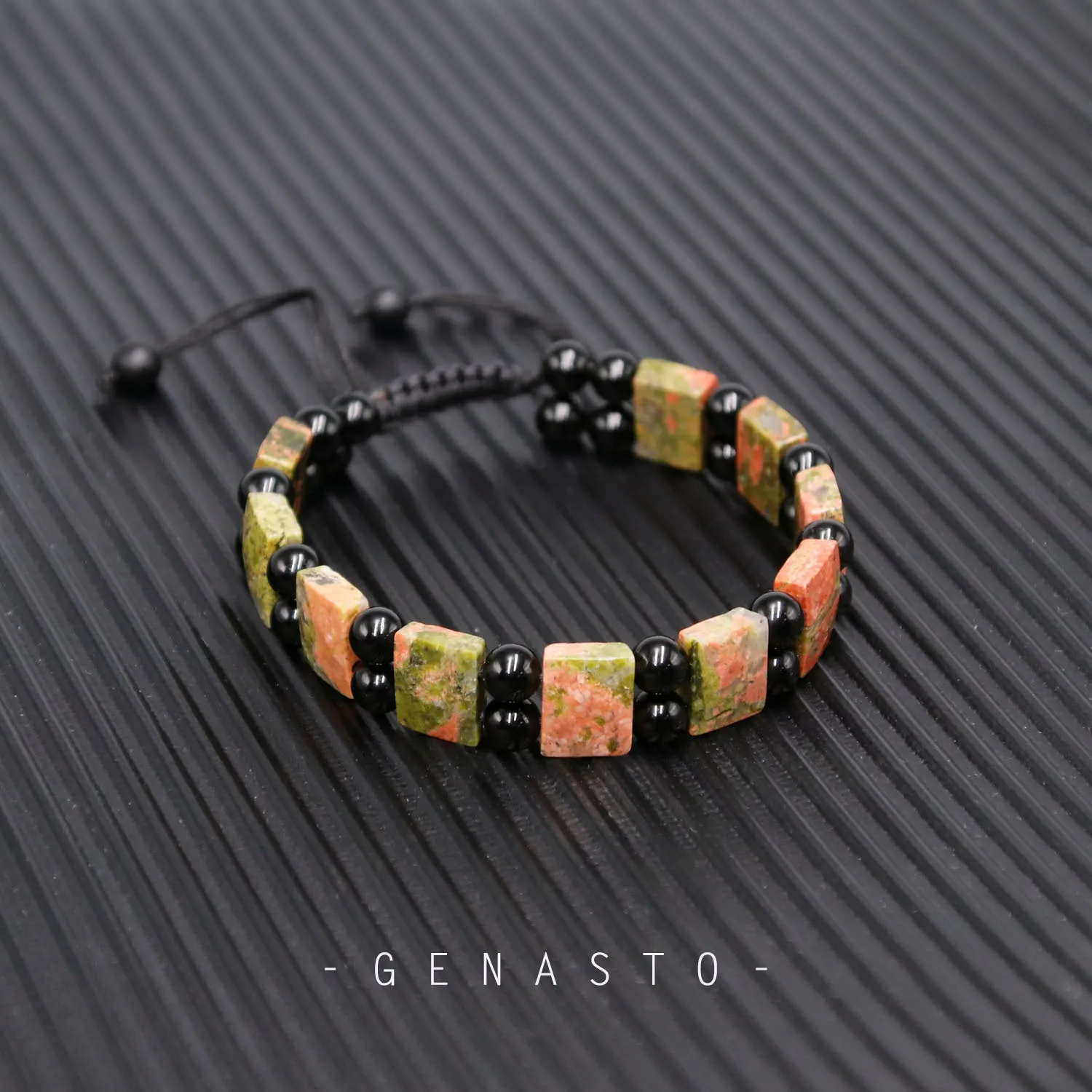 Unakite & Black Obsidian, Square Flat Beads Bracelet