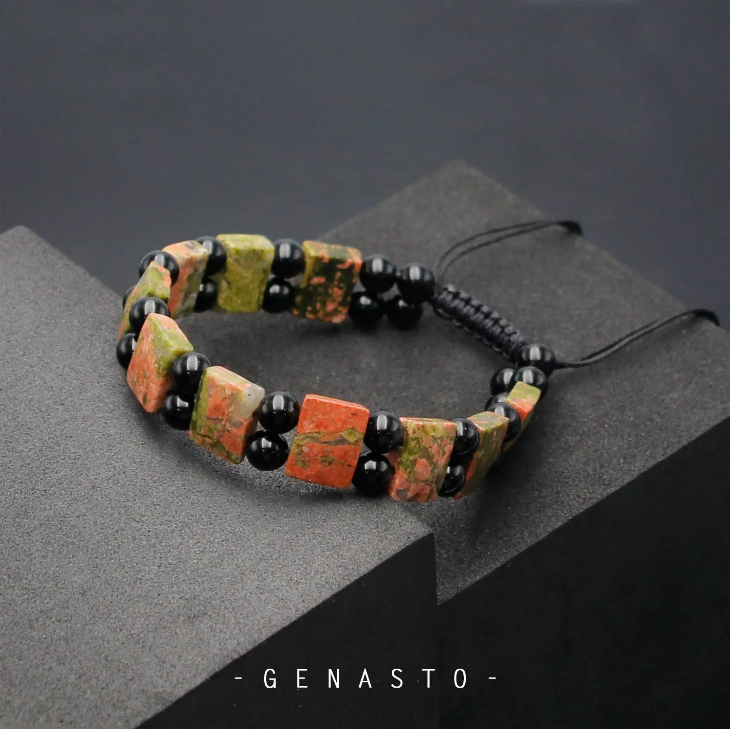 Unakite & Black Obsidian, Square Flat Beads Bracelet