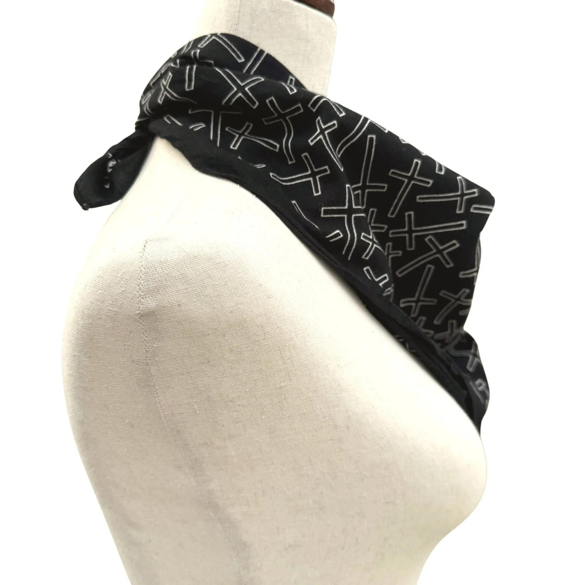 Vintage Black Cotton Cross Patterned Goth Bandana Handkerchief Scarf