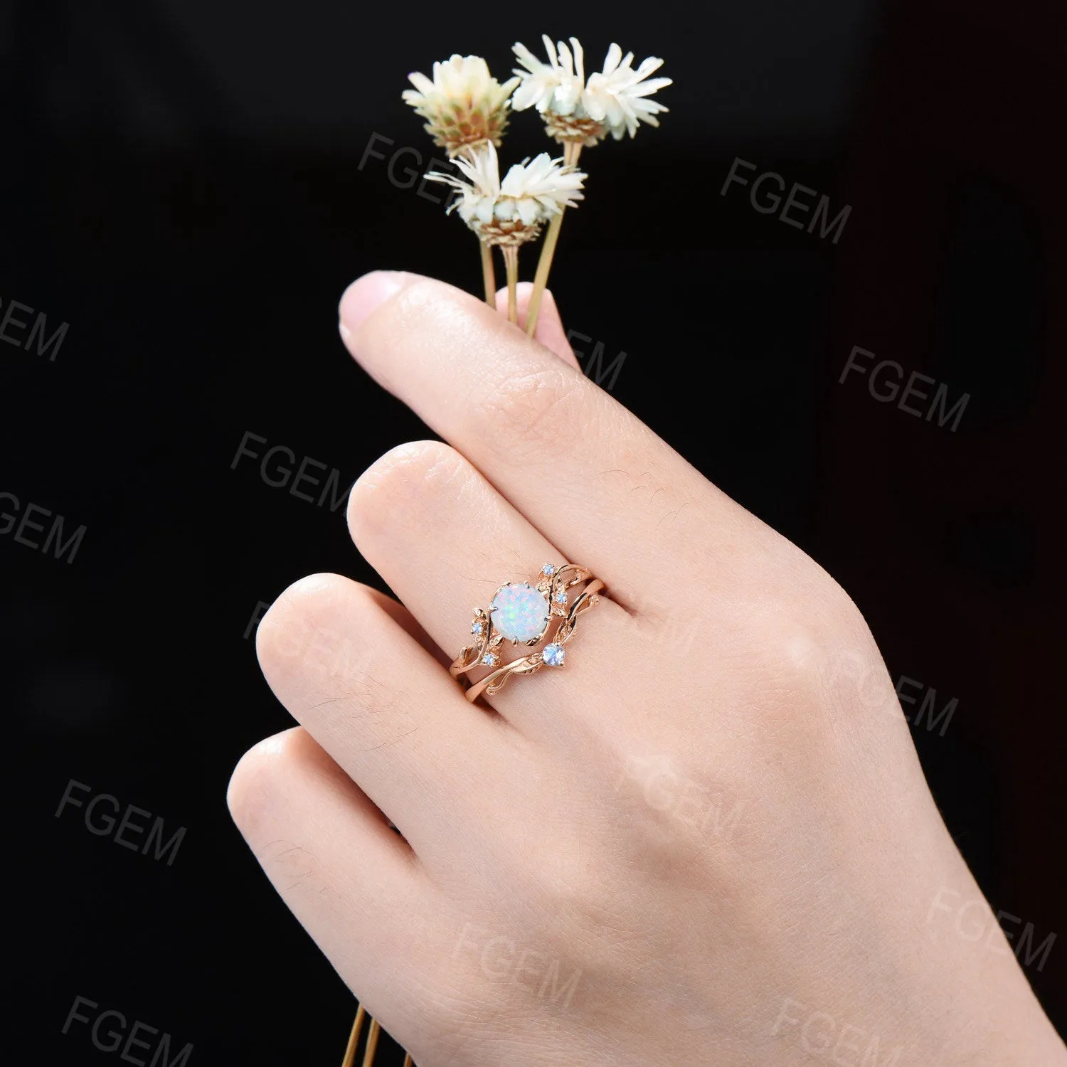 Vintage Branch Leaf Ring Round Solid Gold Bridal Set Nature Inspired Moonstone Ring Twig Engagement Ring Set October Birthstone Propose Gift