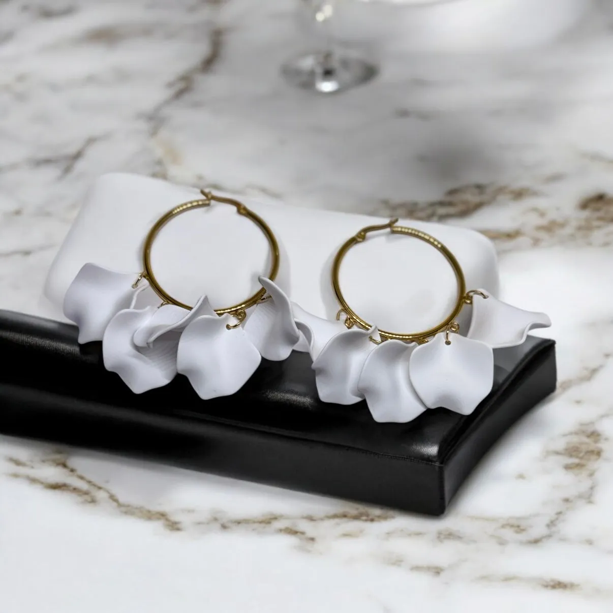 White - flower earrings | hoop petals earrings| iridescent statement earrings | gold floral earrings | bridal party wedding earrings