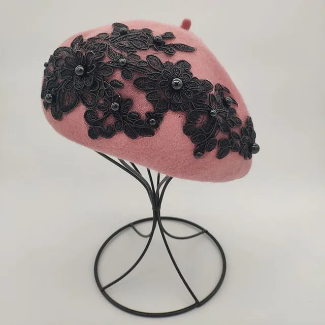 Winter Wool Beret With Lace And Pearls Female Wool Cap