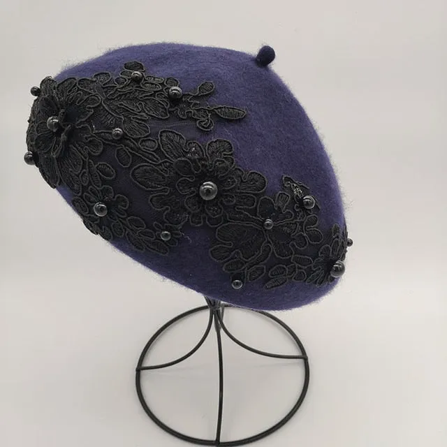 Winter Wool Beret With Lace And Pearls Female Wool Cap