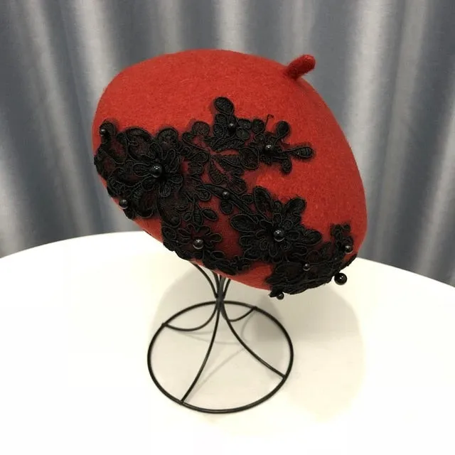 Winter Wool Beret With Lace And Pearls Female Wool Cap