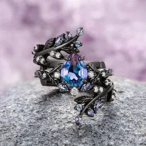 Wisteria Alexandrite Fairy Leaf Ring- Black Rhodium Filled (Two Piece)