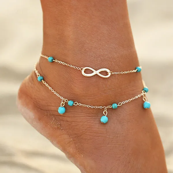 Womens Boho Style Infinity Double Anklet with Blue Beads