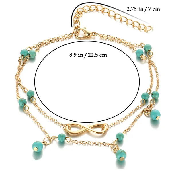 Womens Boho Style Infinity Double Anklet with Blue Beads