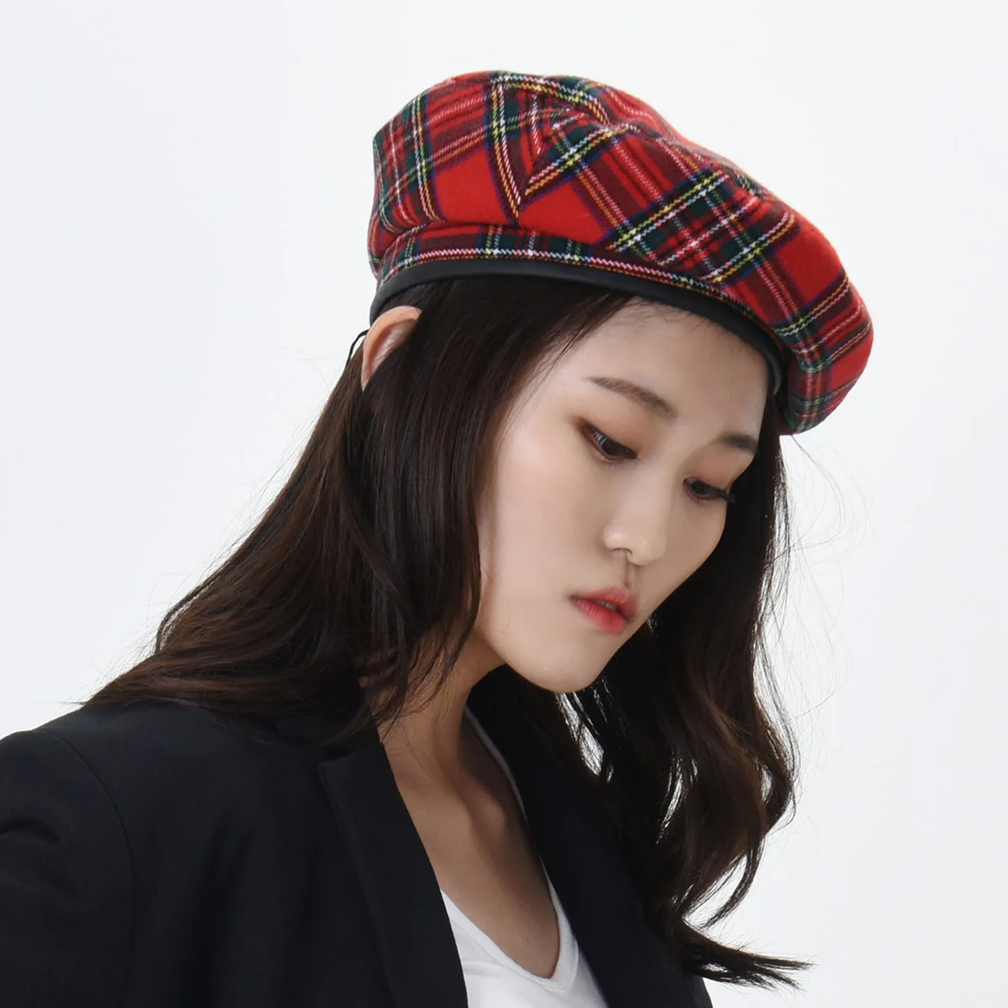 Wool Beret Hat Tartan Check Leather Sweatband KR9539